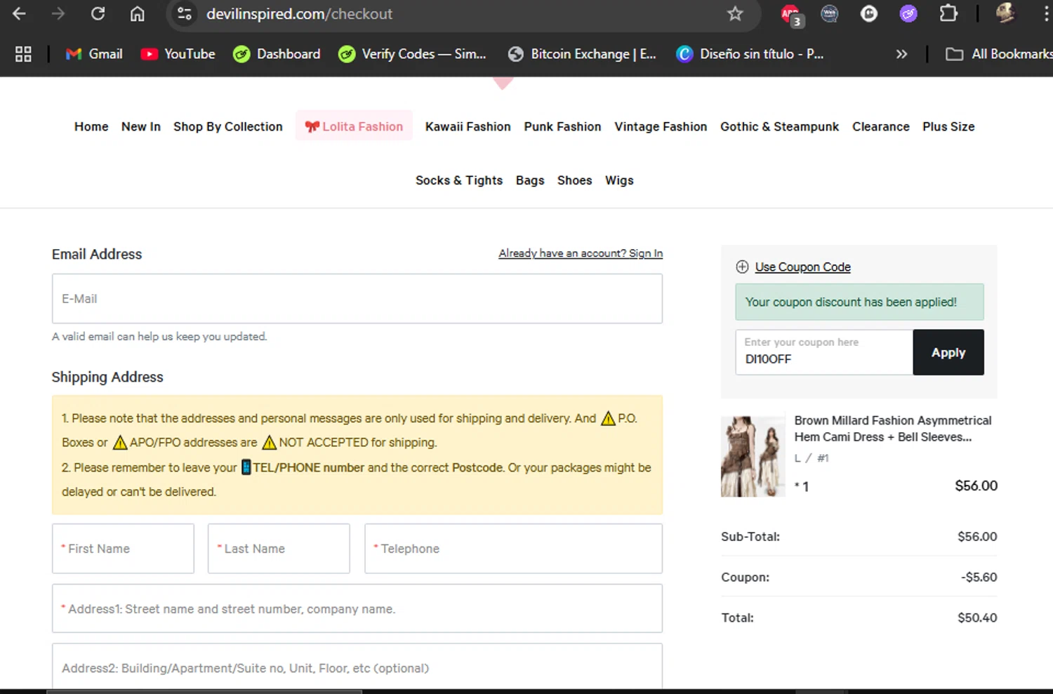 Devilinspired coupon code screenshot showing code DI10OFF applied at Devilinspired checkout page. Uploaded by SimplyCodes community member LiShang on Jul 20, 2025