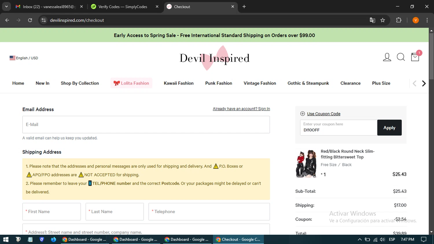 Devilinspired coupon code screenshot showing code DI10OFF applied at Devilinspired checkout page. Uploaded by SimplyCodes community member CleverSpotter4192 on Feb 12, 2025