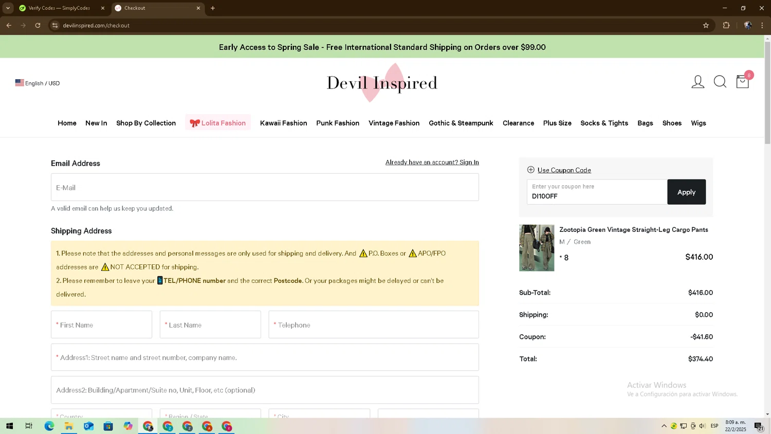 Devilinspired coupon code screenshot showing code DI10OFF applied at Devilinspired checkout page. Uploaded by SimplyCodes community member zadquiel on Feb 22, 2025