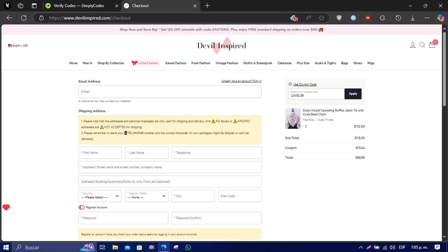 Devilinspired coupon code screenshot showing code LOVELOR applied at Devilinspired checkout page. Uploaded by SimplyCodes community member LegendaryFox3474 on Apr 9, 2025