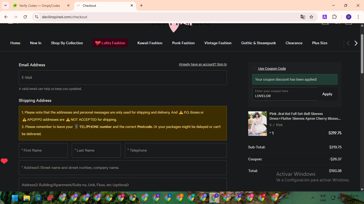 Devilinspired coupon code screenshot showing code LOVELOR applied at Devilinspired checkout page. Uploaded by SimplyCodes community member PromoLion4240 on Apr 7, 2025