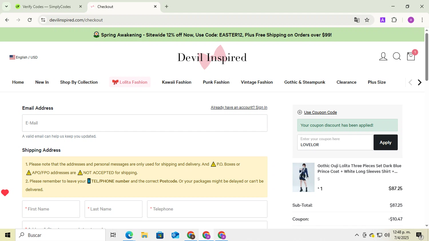 Devilinspired coupon code screenshot showing code LOVELOR applied at Devilinspired checkout page. Uploaded by SimplyCodes community member ExtraordinaryExpert1730 on Apr 7, 2025