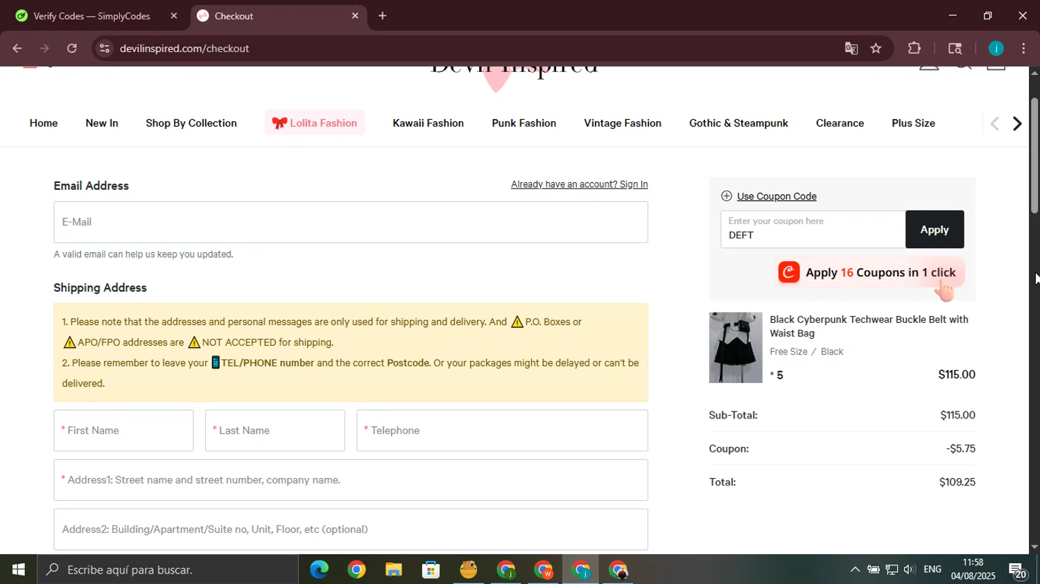 Devilinspired coupon code screenshot showing code DEFT applied at Devilinspired checkout page. Uploaded by SimplyCodes community member juanjo2 on Aug 4, 2025