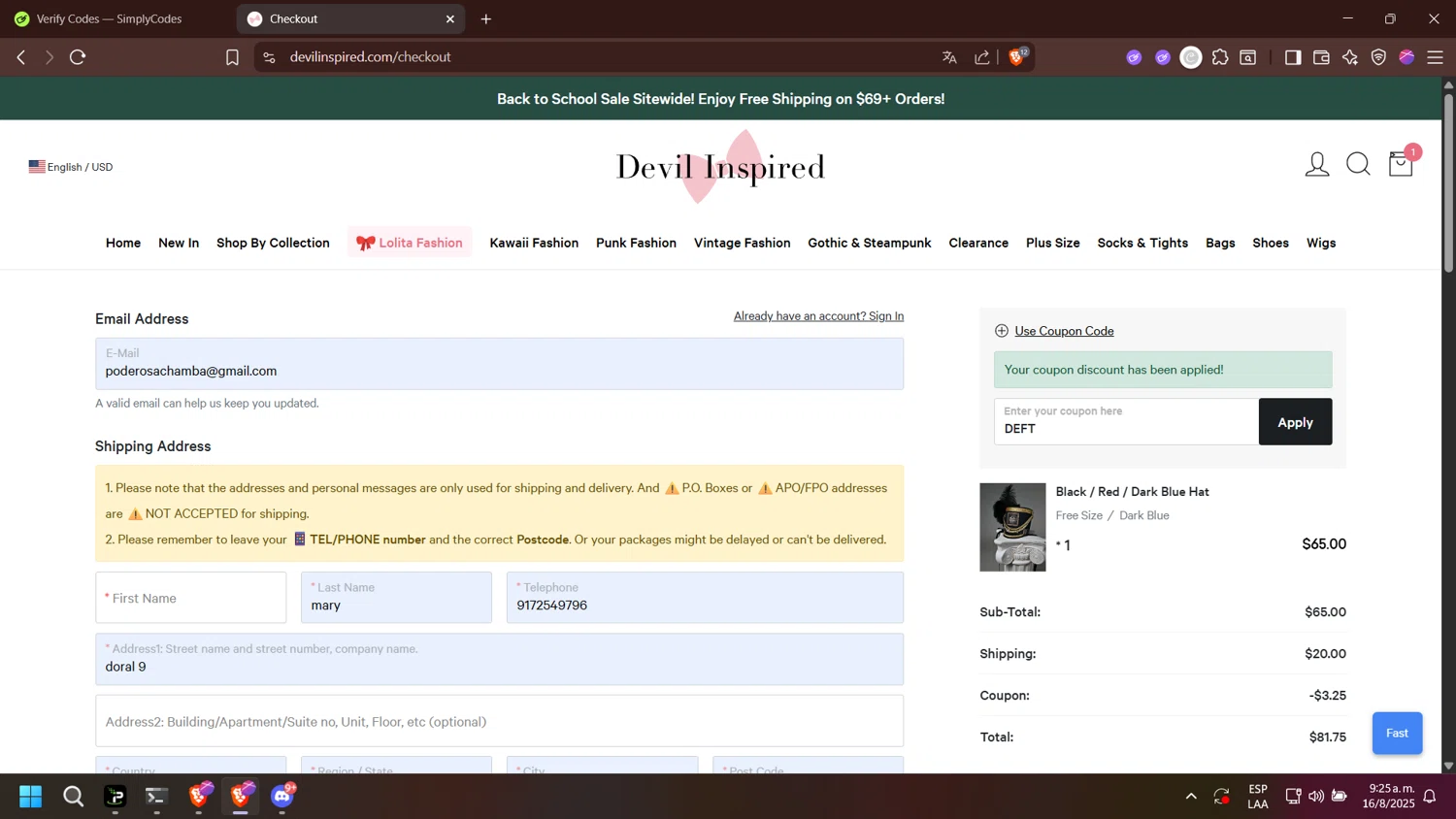 Devilinspired coupon code screenshot showing code DEFT applied at Devilinspired checkout page. Uploaded by SimplyCodes community member trabajo on Aug 16, 2025