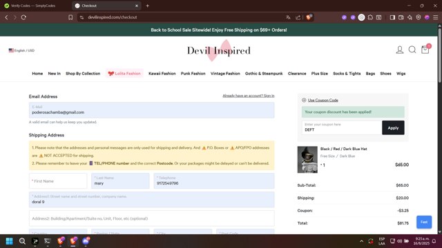 Devilinspired checkout page showing Devilinspired coupon code box | Screenshot taken by SimplyCodes community member on Aug 16, 2025