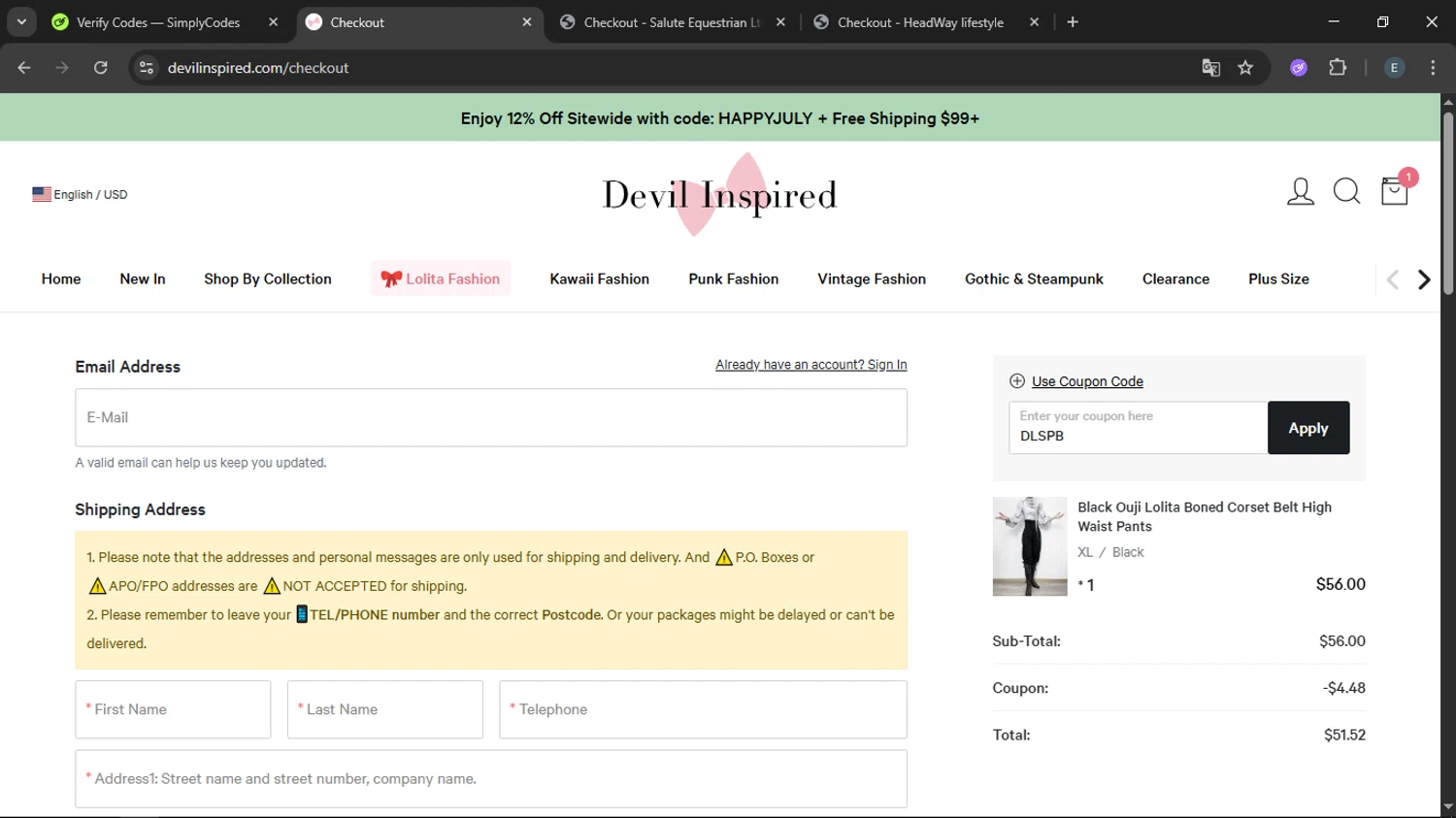 Devilinspired coupon code screenshot showing code DLSPB applied at Devilinspired checkout page. Uploaded by SimplyCodes community member LegendaryFox9861 on Jul 27, 2025