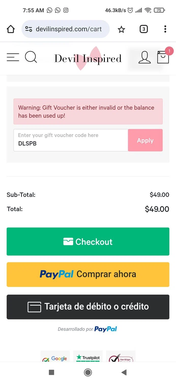 Devilinspired coupon code screenshot showing code DLSPB applied at Devilinspired checkout page. Uploaded by SimplyCodes community member Piolin on Jul 27, 2025