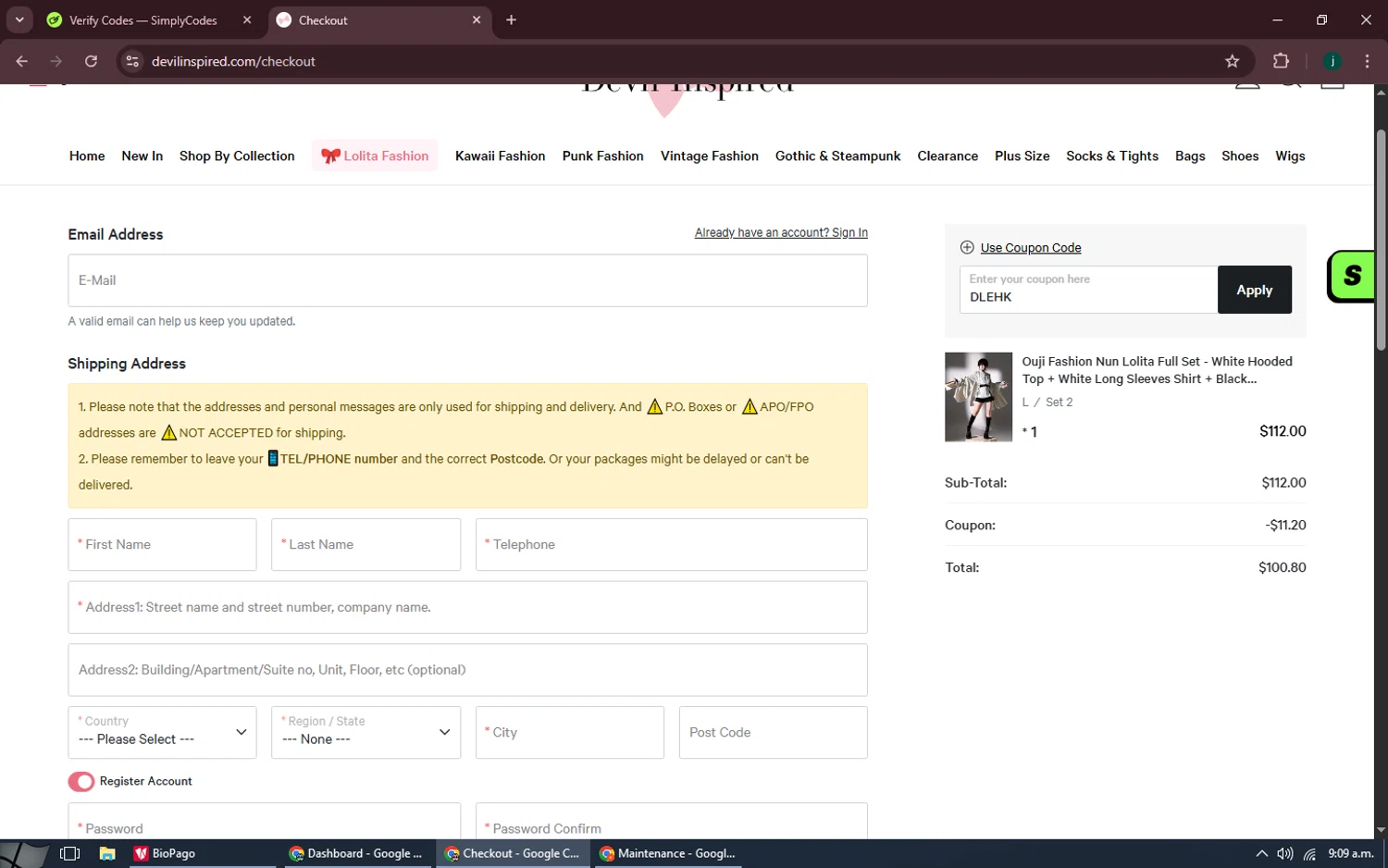Devilinspired coupon code screenshot showing code DLEHK applied at Devilinspired checkout page. Uploaded by SimplyCodes community member MoneySpotter5416 on Aug 18, 2025