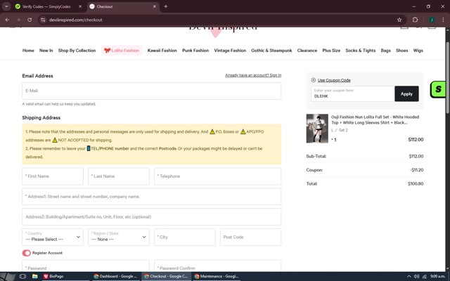Devilinspired checkout page showing Devilinspired coupon code box | Screenshot taken by SimplyCodes community member on Aug 18, 2025