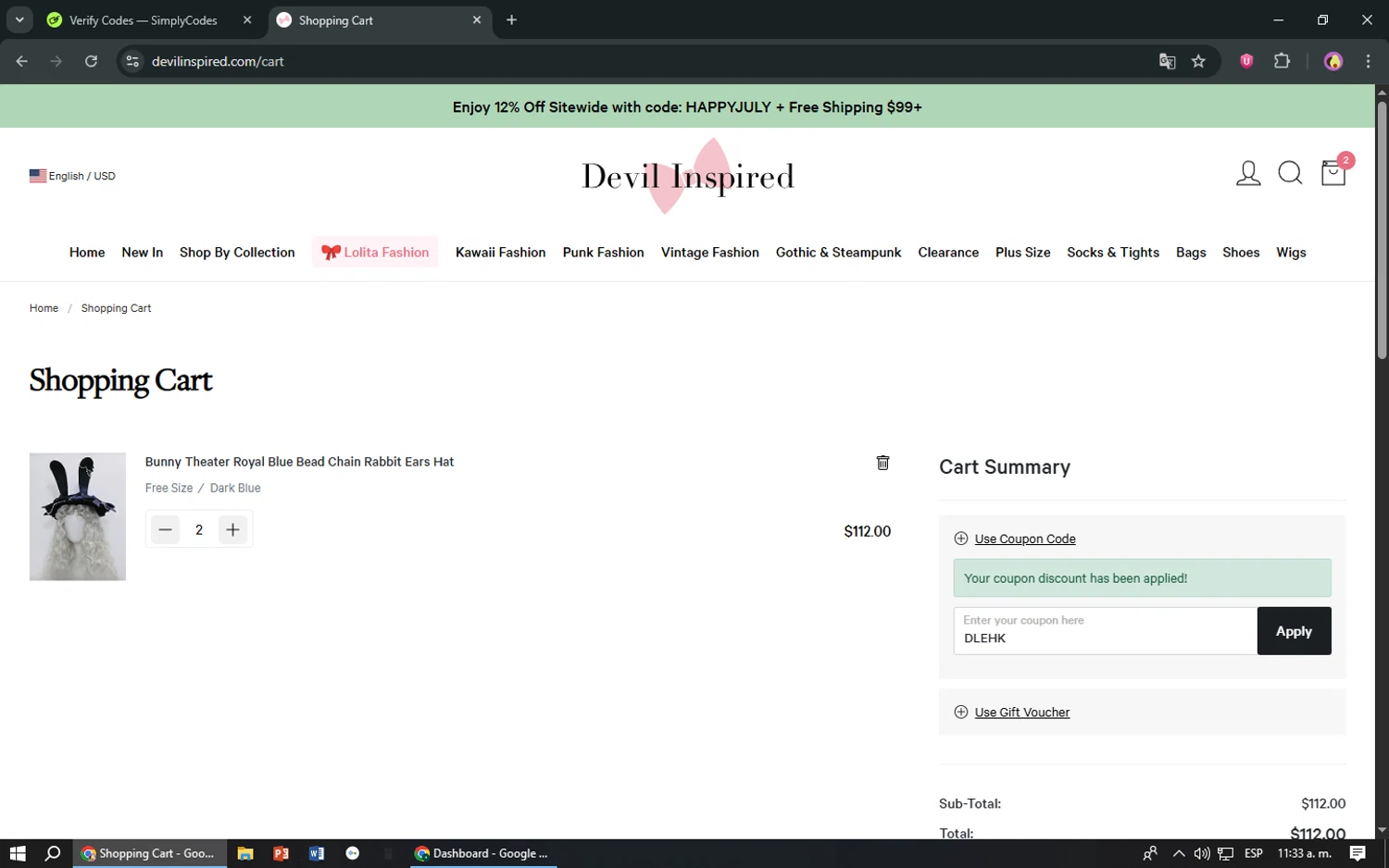 Devilinspired coupon code screenshot showing code DLEHK applied at Devilinspired checkout page. Uploaded by SimplyCodes community member TreasureShopper9156 on Jul 16, 2025