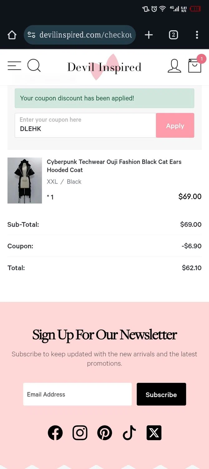 Devilinspired coupon code screenshot showing code DLEHK applied at Devilinspired checkout page. Uploaded by SimplyCodes community member Xx_Cogeburras3000_xX on Jul 27, 2025