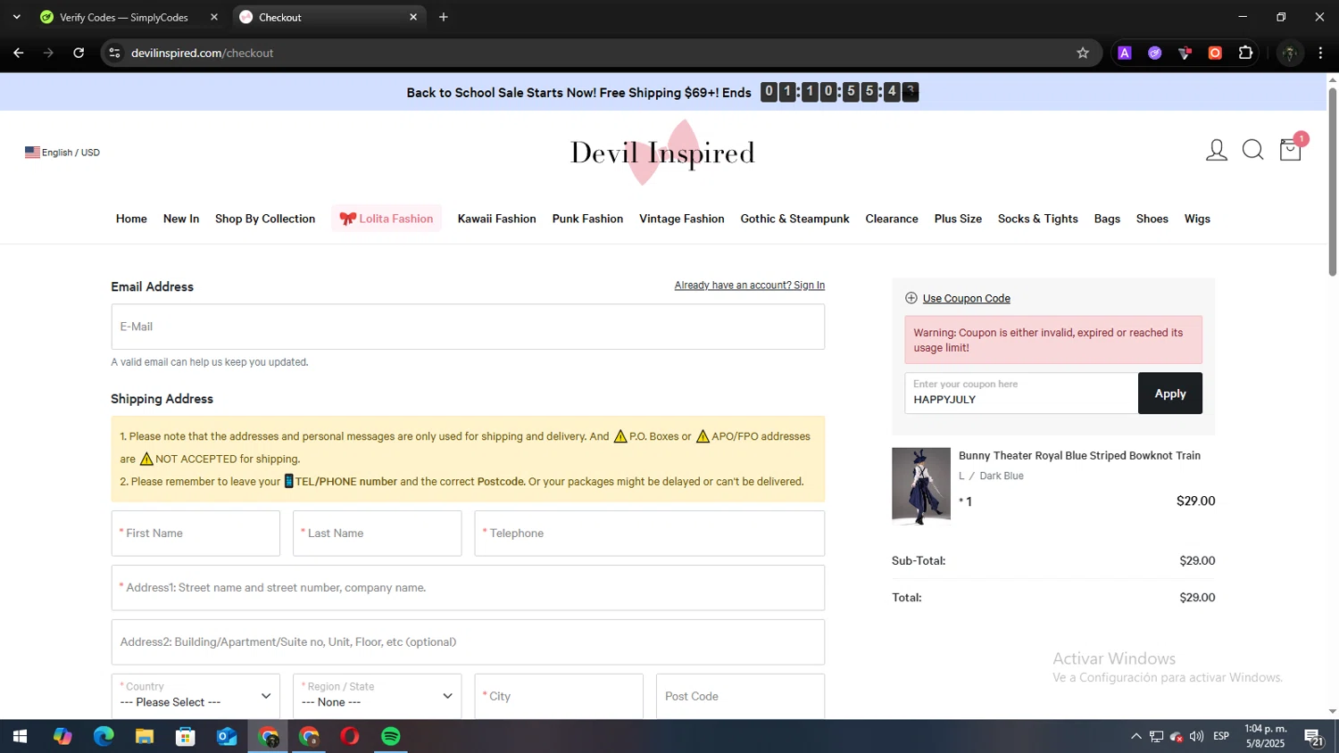 Devilinspired coupon code screenshot showing code HAPPYJULY applied at Devilinspired checkout page. Uploaded by SimplyCodes community member Andy2323 on Aug 5, 2025