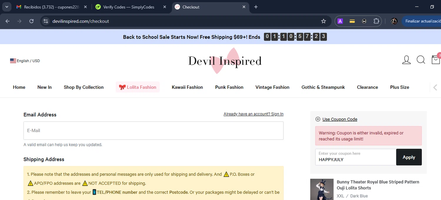 Devilinspired coupon code screenshot showing code HAPPYJULY applied at Devilinspired checkout page. Uploaded by SimplyCodes community member Eduard on Aug 5, 2025