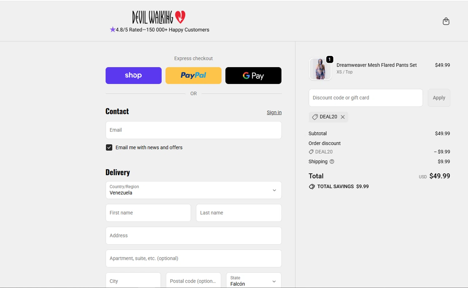 Devil Walking discount code screenshot showing code DEAL20 applied at Devil Walking checkout page. Uploaded by SimplyCodes community member Marboroooooooooooo on Nov 8, 2025