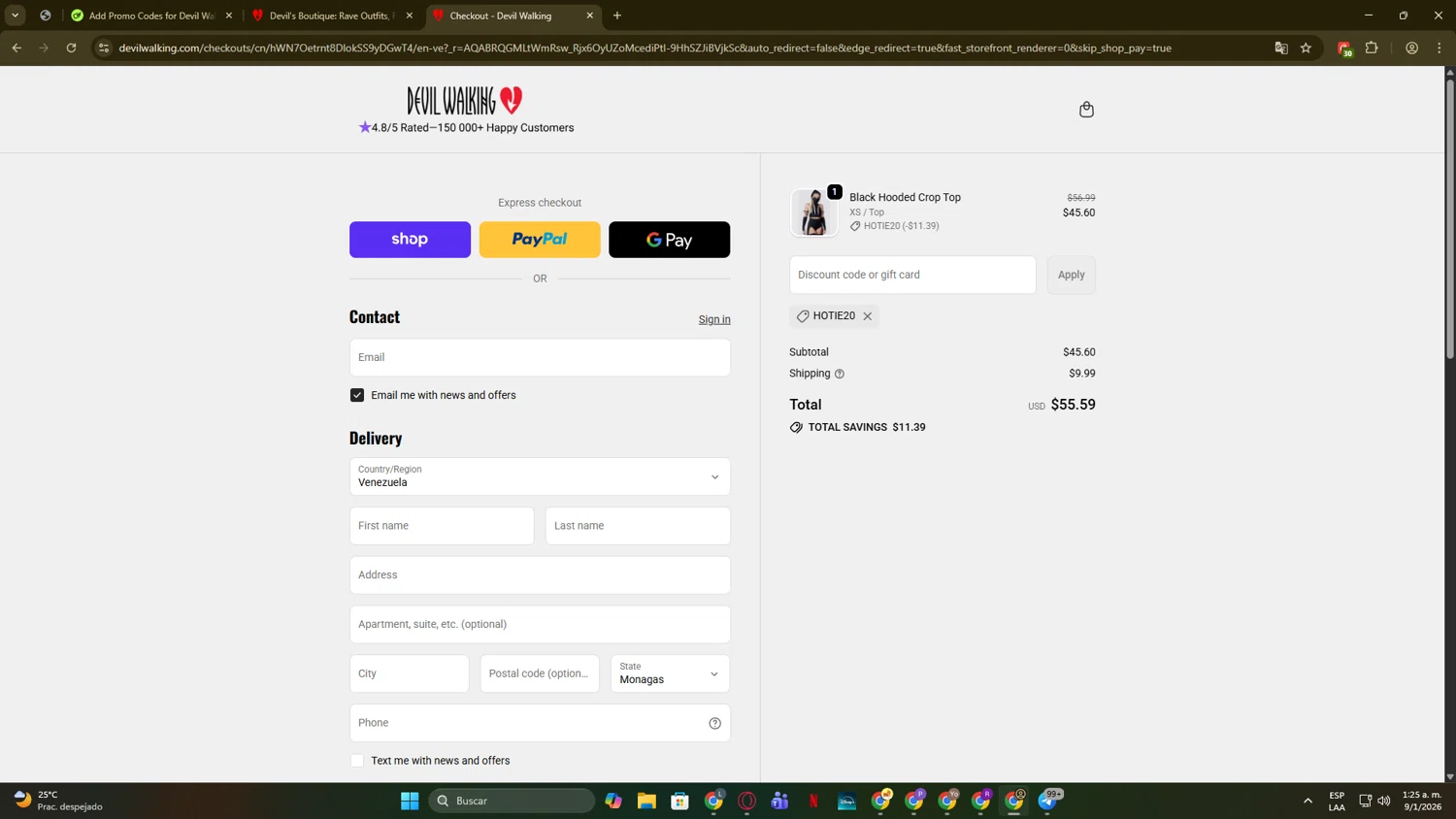 Devil Walking discount code screenshot showing code hotie20 applied at Devil Walking checkout page. Uploaded by SimplyCodes community member noveoo on Jan 9, 2026