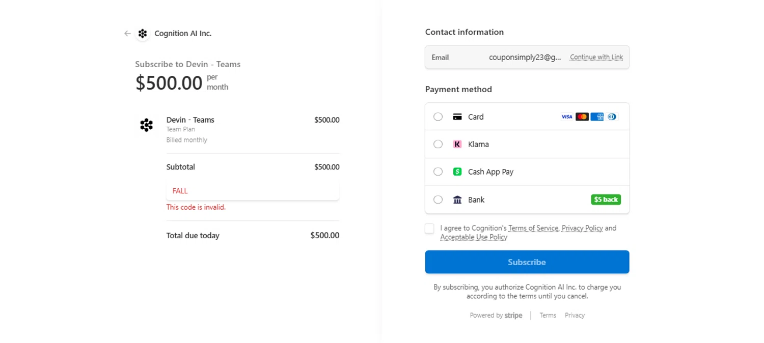 Devin AI promo code screenshot showing code FALL applied at Devin AI checkout page. Uploaded by SimplyCodes community member JesusCaballero on Aug 4, 2025