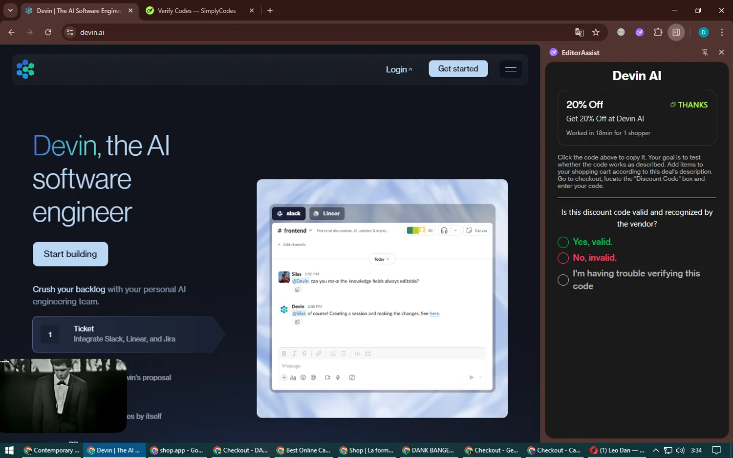 Devin AI promo code screenshot showing code THANKS applied at Devin AI checkout page. Uploaded by SimplyCodes community member BonusPilot3825 on Aug 24, 2025