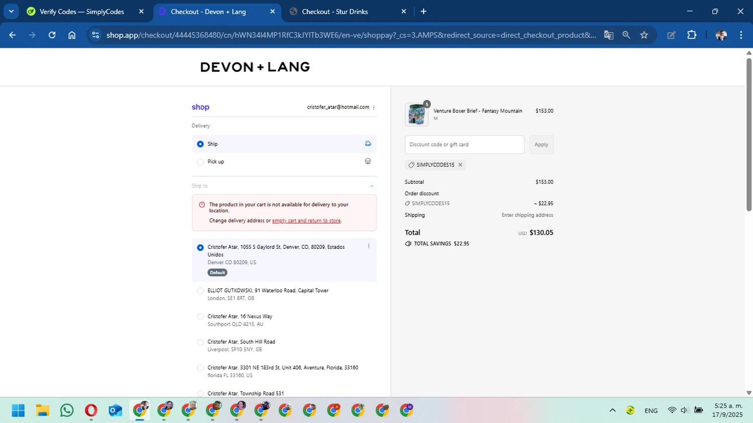Devon + Lang promo code screenshot showing code SIMPLYCODES15 applied at Devon + Lang checkout page. Uploaded by SimplyCodes community member DavidMGF on Sep 17, 2025