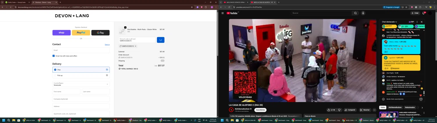 Devon + Lang promo code screenshot showing code SIMPLYCODES15 applied at Devon + Lang checkout page. Uploaded by SimplyCodes community member PennyWizard1195 on Nov 10, 2025
