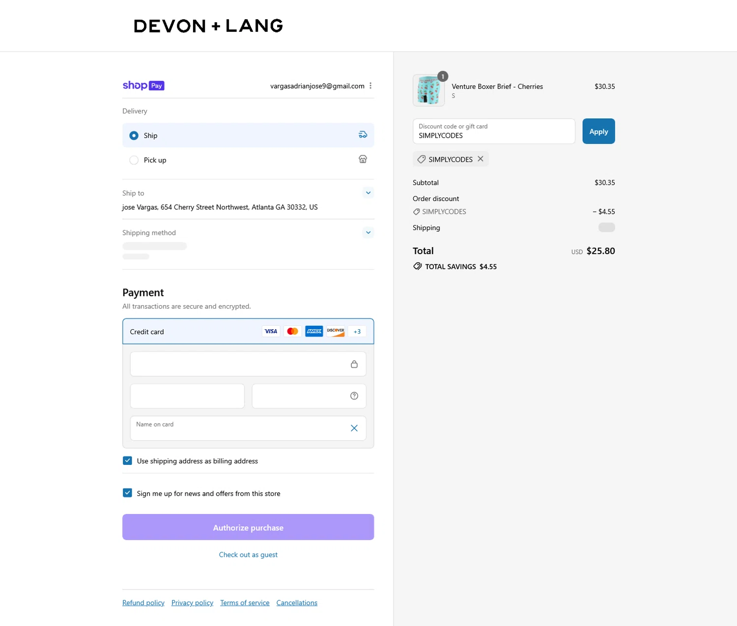 Devon + Lang promo code screenshot showing code SIMPLYCODES applied at Devon + Lang checkout page. Uploaded by SimplyCodes community member WladimirV on Aug 1, 2025