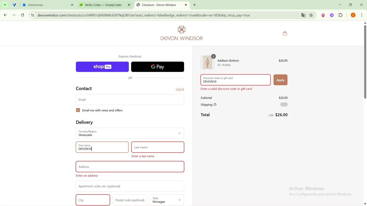 Devon Windsor discount code screenshot showing code DEVON10 applied at Devon Windsor checkout page. Uploaded by SimplyCodes community member GoldFox1696 on Aug 16, 2025