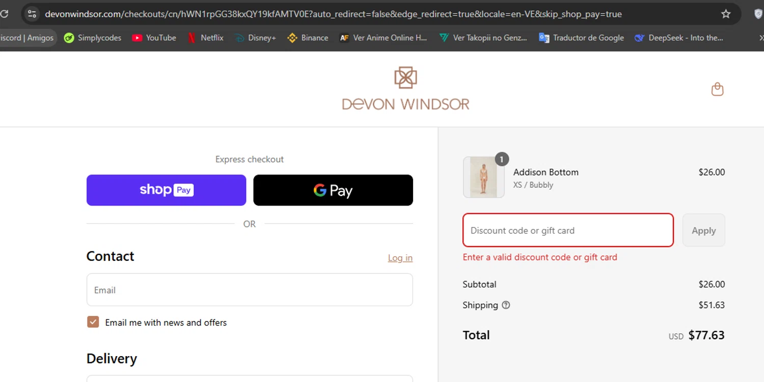 Devon Windsor discount code screenshot showing code DEVON10 applied at Devon Windsor checkout page. Uploaded by SimplyCodes community member Hisoka on Aug 16, 2025
