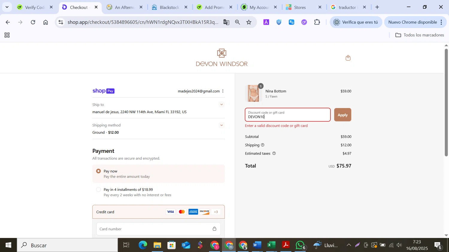 Devon Windsor discount code screenshot showing code DEVON10 applied at Devon Windsor checkout page. Uploaded by SimplyCodes community member MANUELURBINA on Aug 16, 2025