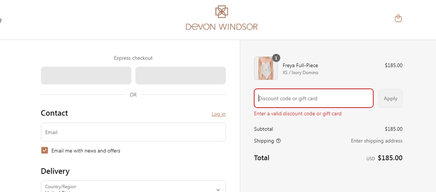 Devon Windsor discount code screenshot showing code DEVON10 applied at Devon Windsor checkout page. Uploaded by SimplyCodes community member cachirulo on Aug 16, 2025