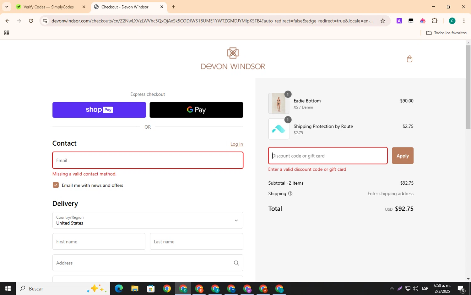 Devon Windsor discount code screenshot showing code SOFIA15 applied at Devon Windsor checkout page. Uploaded by SimplyCodes community member EpicSpotter3493 on Mar 2, 2025