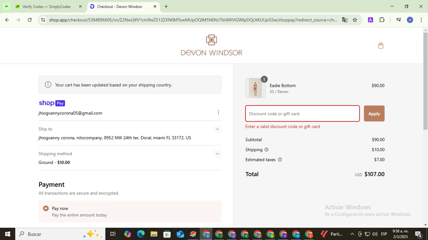 Devon Windsor discount code screenshot showing code SOFIA15 applied at Devon Windsor checkout page. Uploaded by SimplyCodes community member TreasureCaptain5531 on Mar 2, 2025