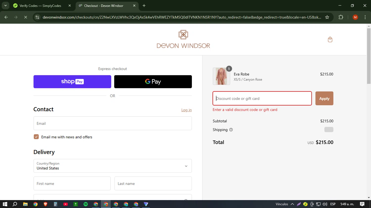 Devon Windsor discount code screenshot showing code ROBBI15 applied at Devon Windsor checkout page. Uploaded by SimplyCodes community member NobleSentinel6058 on Feb 26, 2025