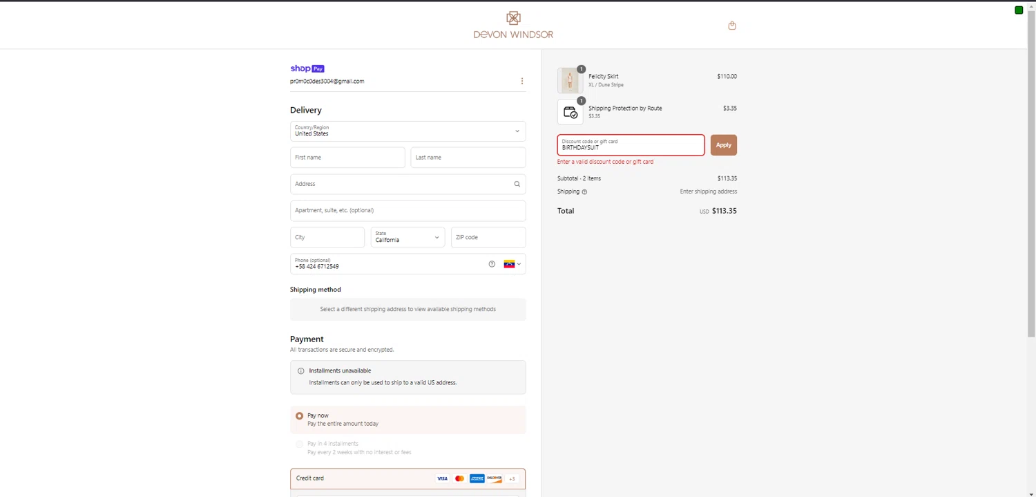 Devon Windsor discount code screenshot showing code BIRTHDAYSUIT applied at Devon Windsor checkout page. Uploaded by SimplyCodes community member JakePerrox on Mar 19, 2025