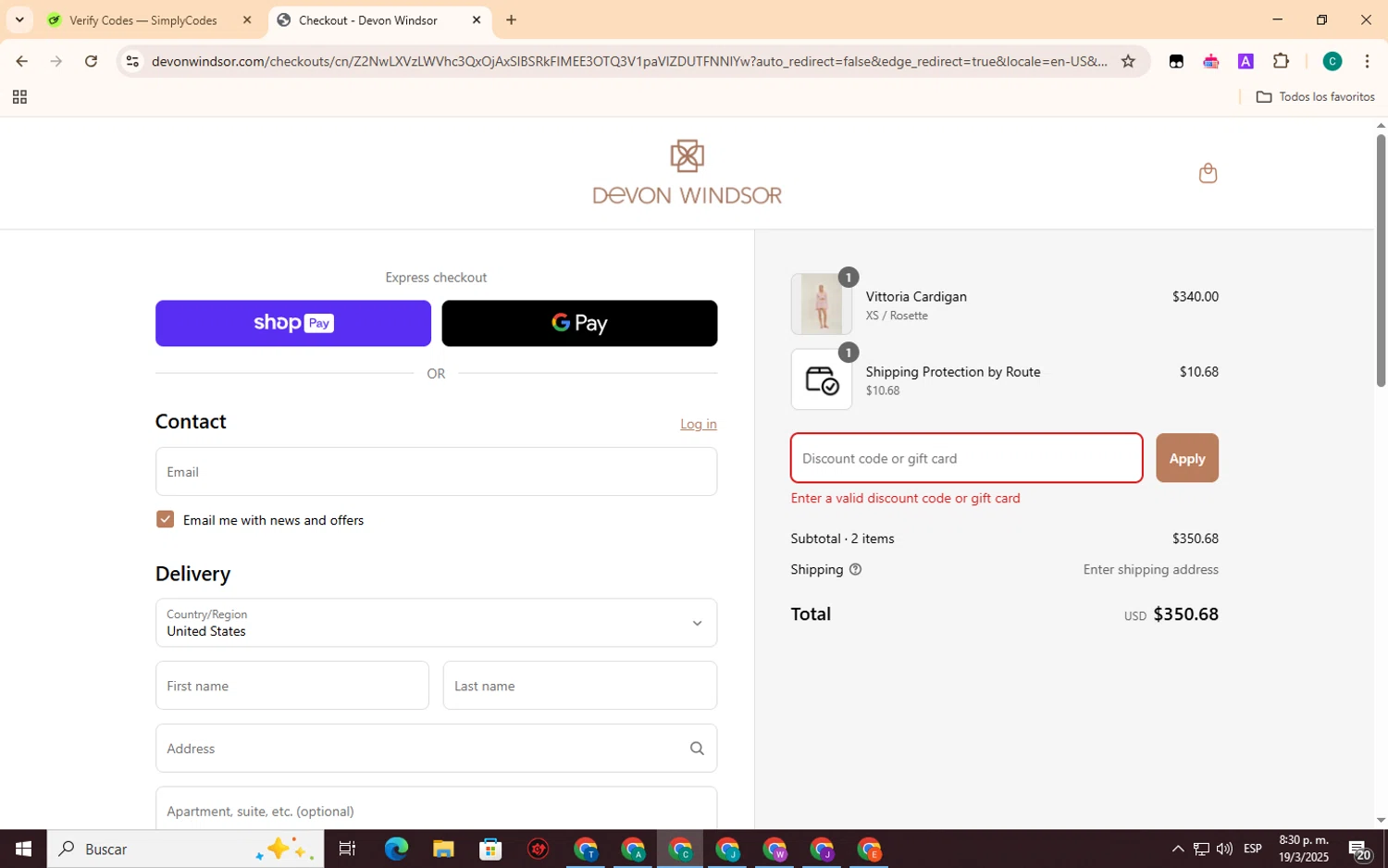 Devon Windsor discount code screenshot showing code BIRTHDAYSUIT applied at Devon Windsor checkout page. Uploaded by SimplyCodes community member EpicSpotter3493 on Mar 20, 2025