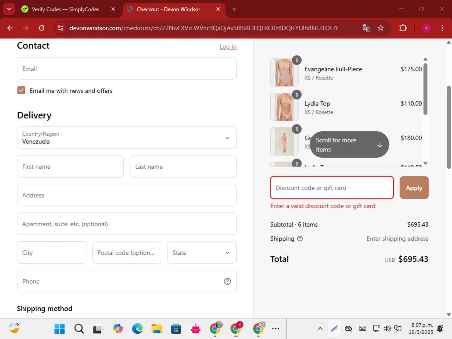 Devon Windsor discount code screenshot showing code BIRTHDAYSUIT applied at Devon Windsor checkout page. Uploaded by SimplyCodes community member karoline on Mar 20, 2025