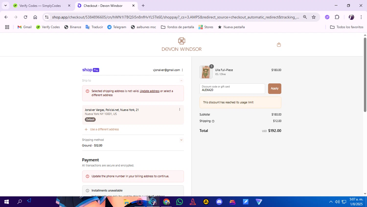 Devon Windsor discount code screenshot showing code ALEXA20 applied at Devon Windsor checkout page. Uploaded by SimplyCodes community member lamineyamal on Aug 1, 2025