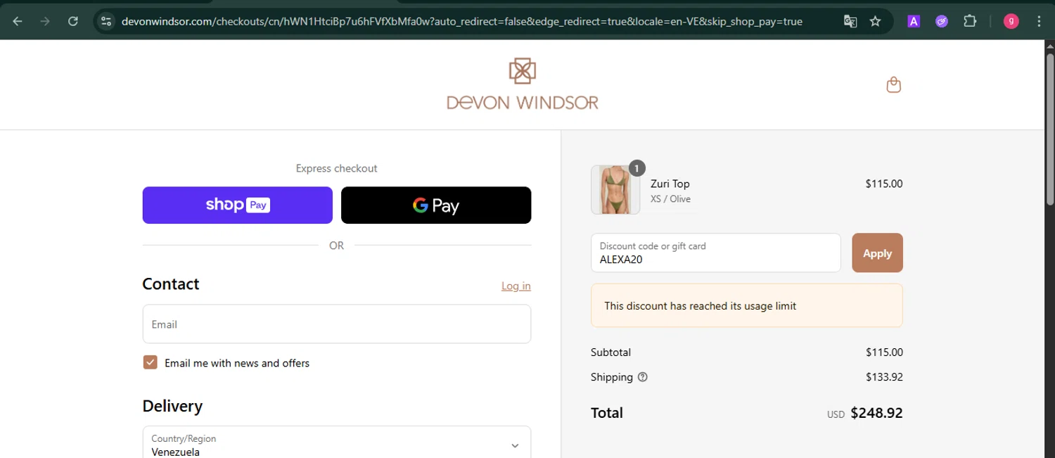 Devon Windsor discount code screenshot showing code ALEXA20 applied at Devon Windsor checkout page. Uploaded by SimplyCodes community member MoneyFalcon481 on Aug 1, 2025