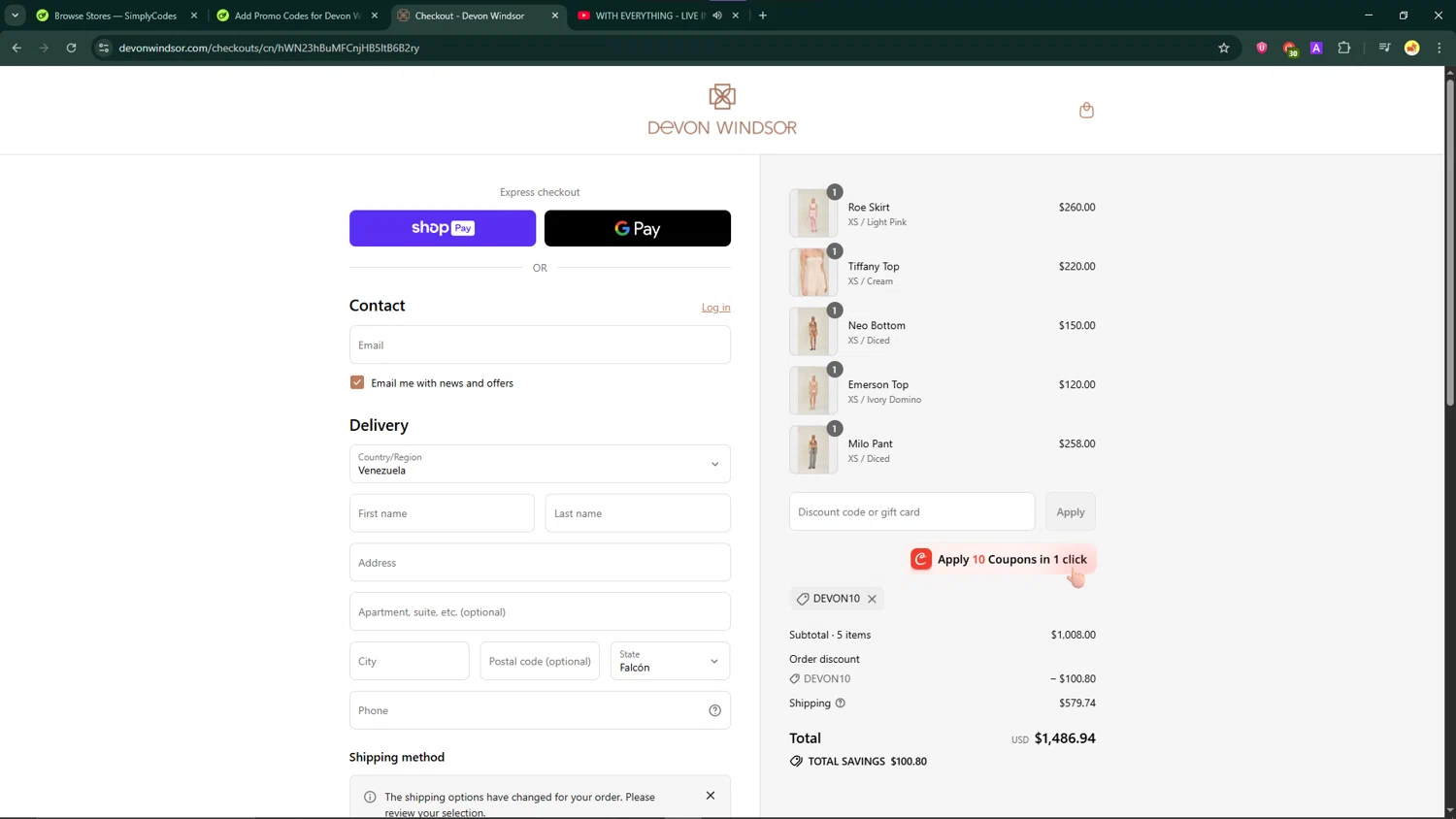 Devon Windsor discount code screenshot showing code DEVON10 applied at Devon Windsor checkout page. Uploaded by SimplyCodes community member ShrewdCaptain9911 on Aug 21, 2025