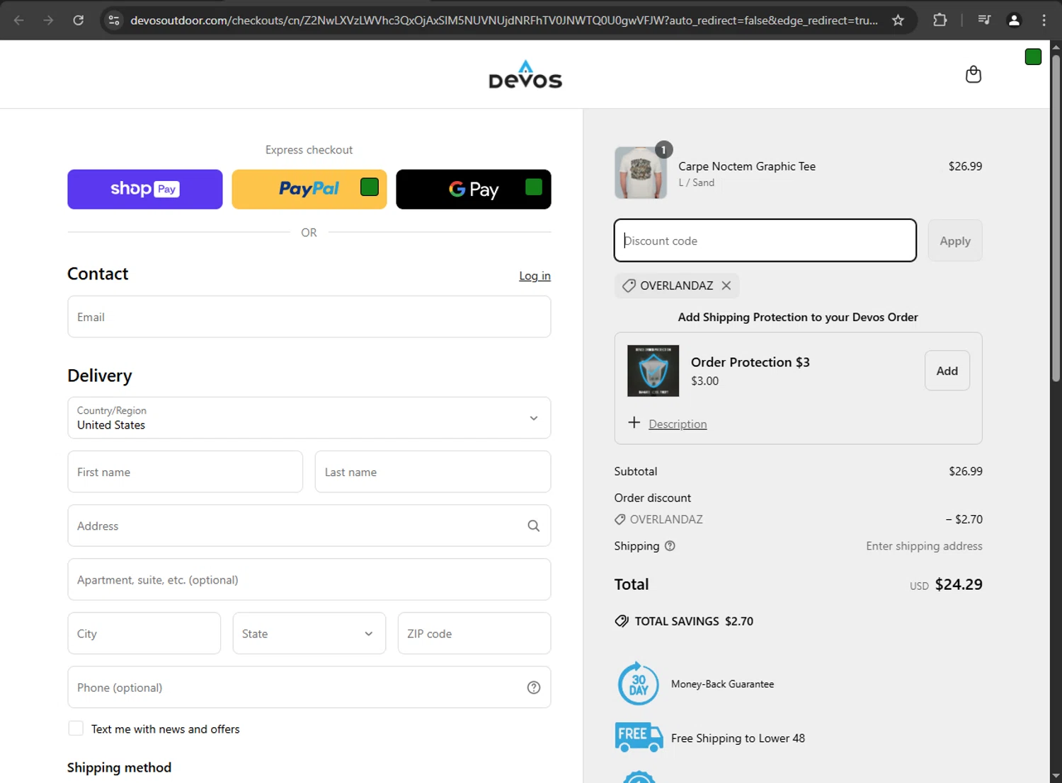 Devos discount code screenshot showing code Overlandaz applied at Devos checkout page. Uploaded by SimplyCodes community member Scrooge on Apr 20, 2025