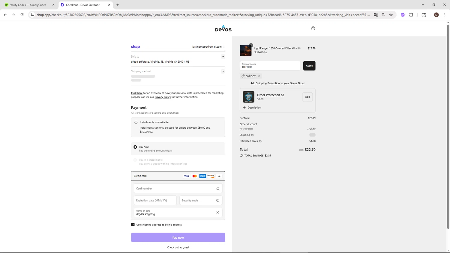 Devos discount code screenshot showing code OXFOOT applied at Devos checkout page. Uploaded by SimplyCodes community member KTMCRF on Aug 31, 2025