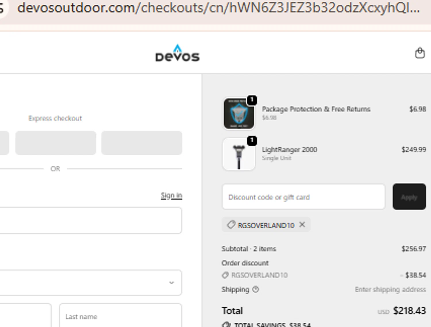 Devos discount code screenshot showing code RGSOVERLAND10 applied at Devos checkout page. Uploaded by SimplyCodes community member BudgetLion5814 on Dec 18, 2025