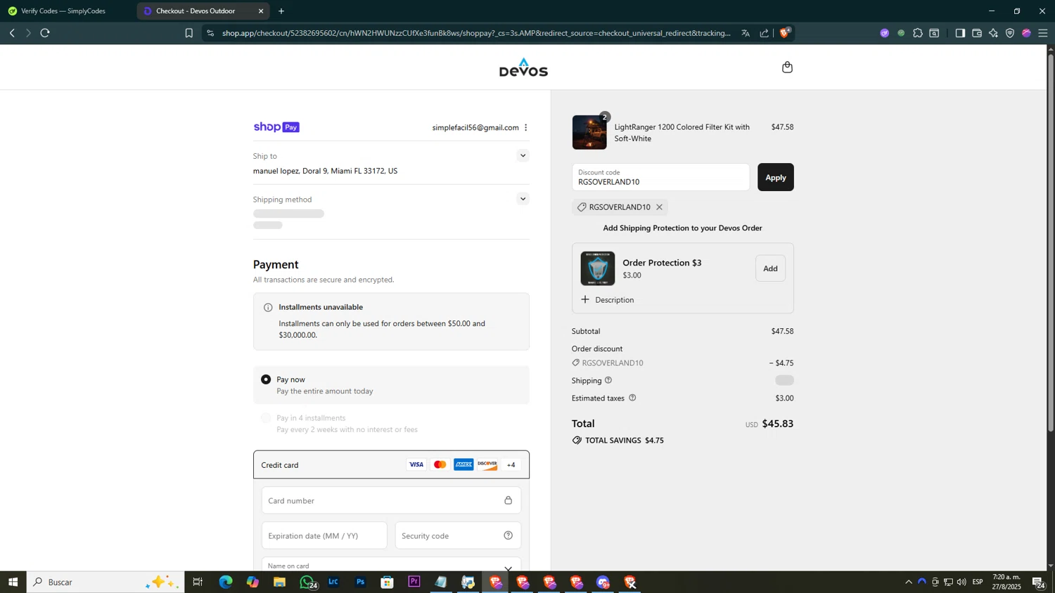 Devos discount code screenshot showing code RGSOVERLAND10 applied at Devos checkout page. Uploaded by SimplyCodes community member BOLITAS on Aug 27, 2025