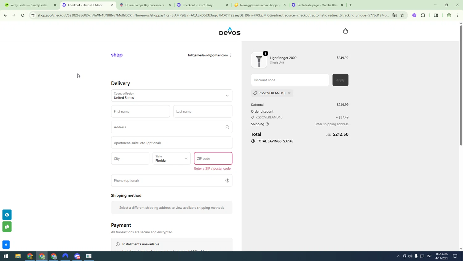 Devos discount code screenshot showing code RGSOVERLAND10 applied at Devos checkout page. Uploaded by SimplyCodes community member sfdfgdsfgdfgdfg on Nov 4, 2025