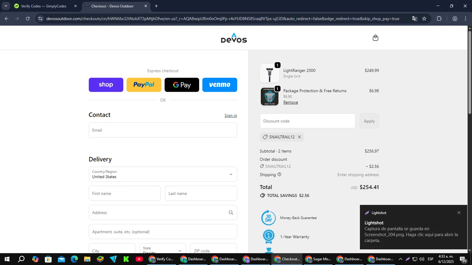 Devos discount code screenshot showing code SNAILTRAIL12 applied at Devos checkout page. Uploaded by SimplyCodes community member SmartMaverick5327 on Dec 6, 2025