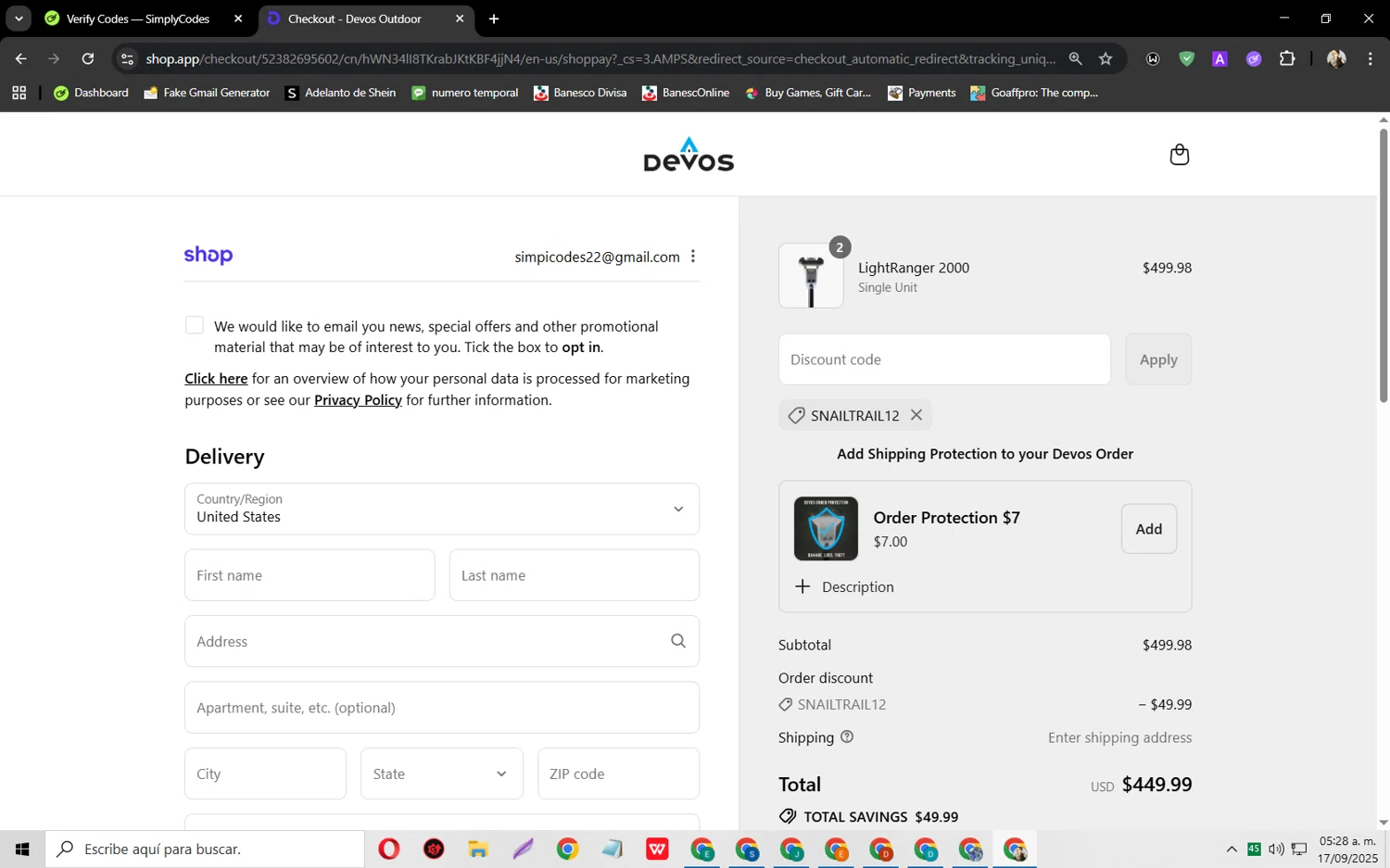 Devos discount code screenshot showing code SNAILTRAIL12 applied at Devos checkout page. Uploaded by SimplyCodes community member jeysosmoore on Sep 17, 2025