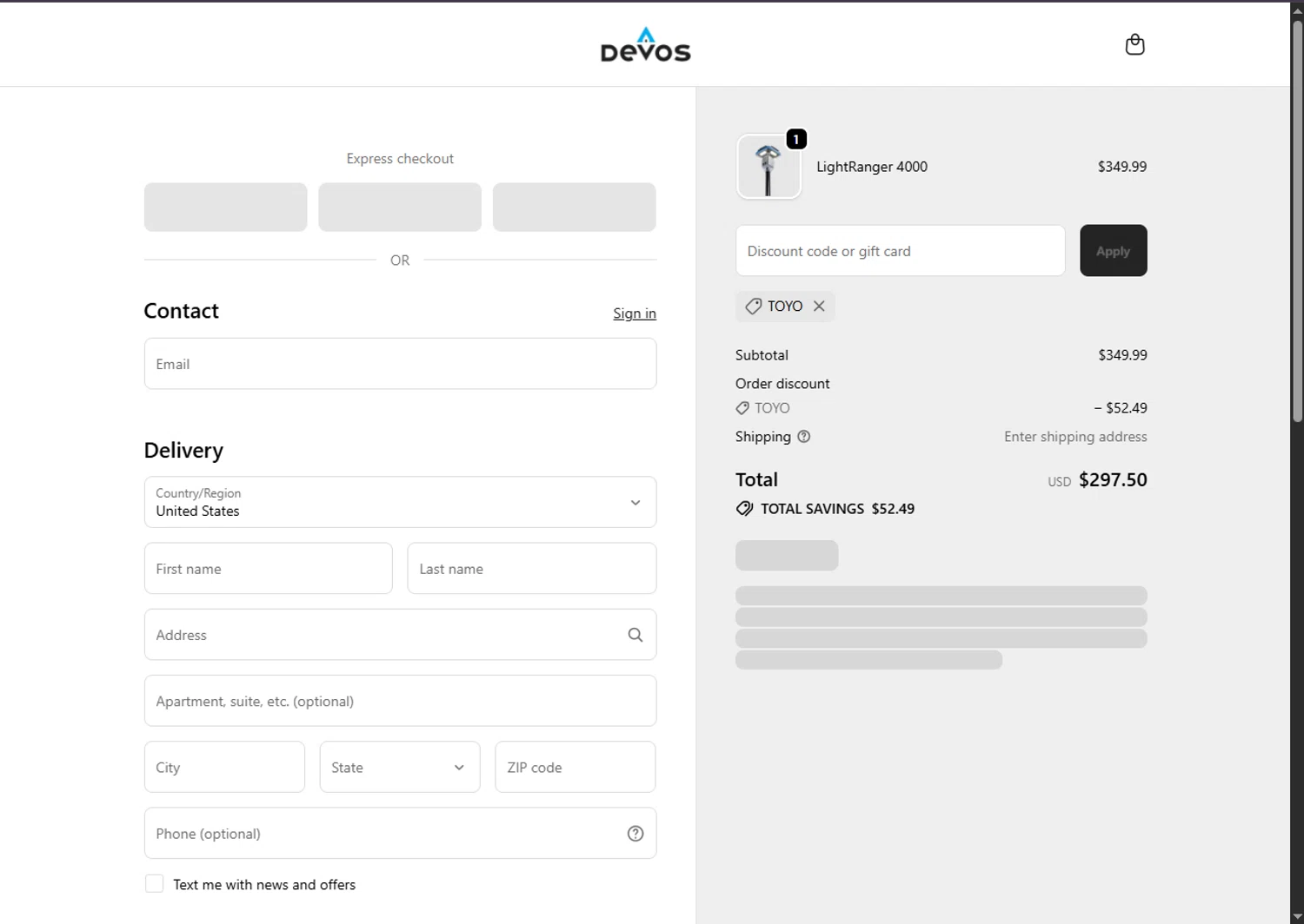 Devos discount code screenshot showing code TOYO applied at Devos checkout page. Uploaded by SimplyCodes community member SalePhoenix2220 on Dec 12, 2025