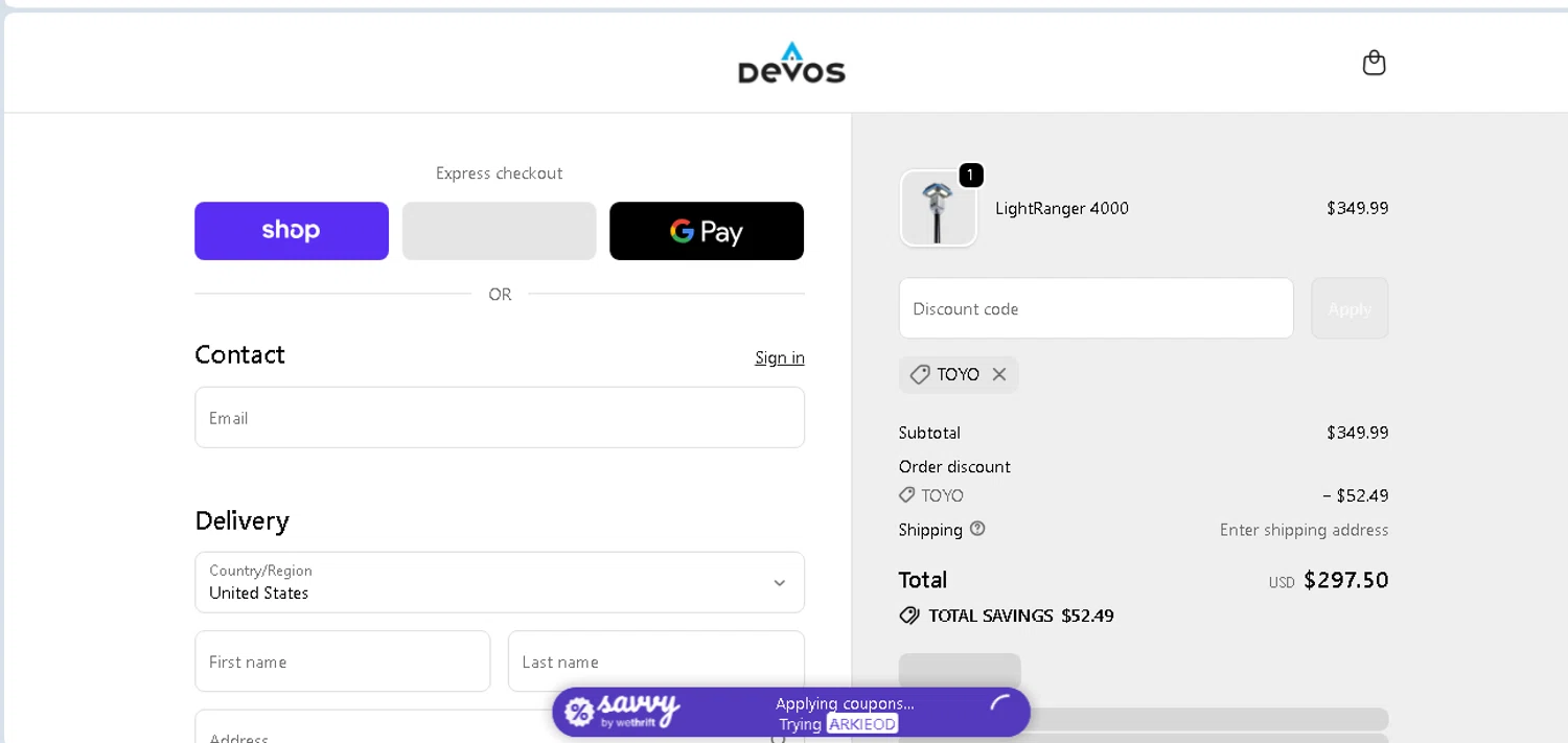 Devos discount code screenshot showing code TOYO applied at Devos checkout page. Uploaded by SimplyCodes community member shark12 on Nov 5, 2025