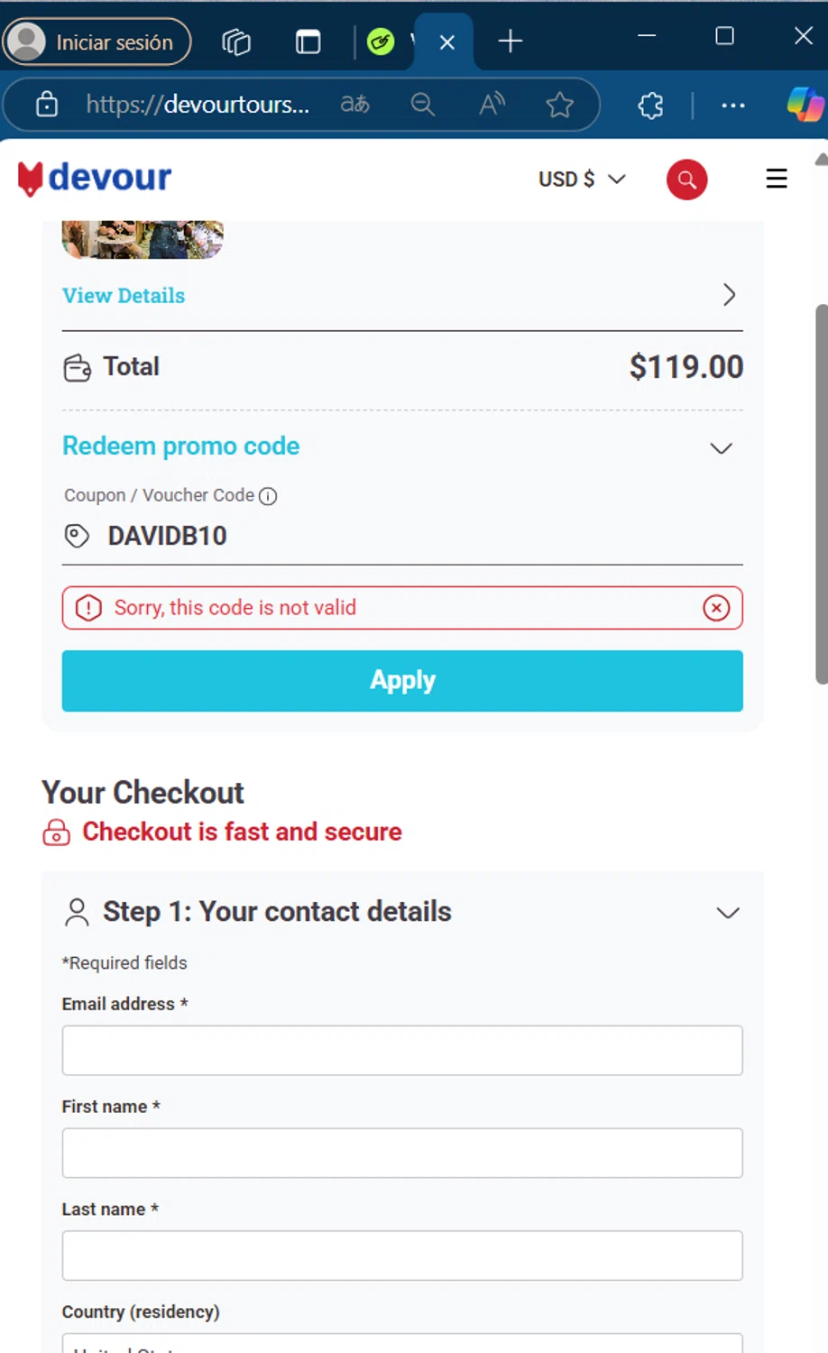 Devour Tours promo code screenshot showing code DAVIDB10 applied at Devour Tours checkout page. Uploaded by SimplyCodes community member Lamine_Yamal on Mar 21, 2025