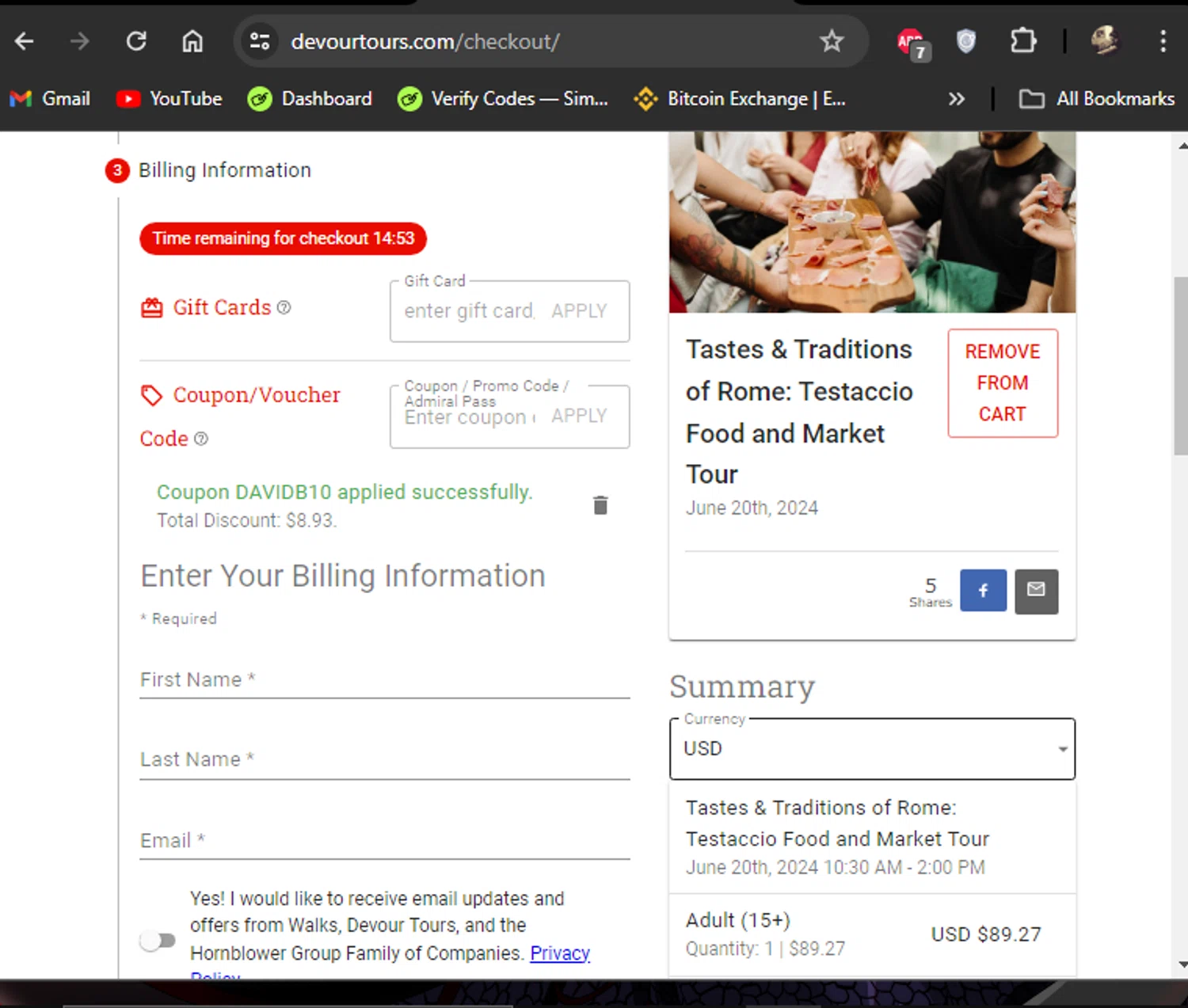 Devour Tours checkout page showing Devour Tours promo code box | Screenshot taken by SimplyCodes community member on Jun 12, 2024