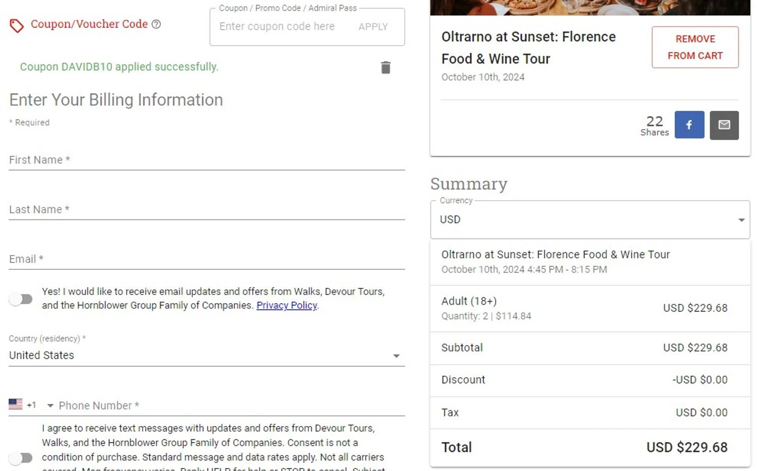 Devour Tours checkout page showing Devour Tours promo code box | Screenshot taken by SimplyCodes community member on Oct 9, 2024