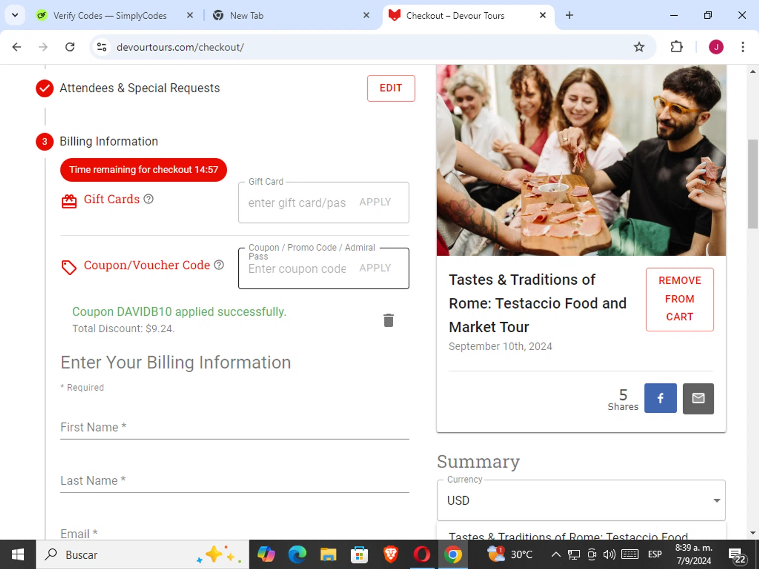 Devour Tours checkout page showing Devour Tours promo code box | Screenshot taken by SimplyCodes community member on Sep 7, 2024
